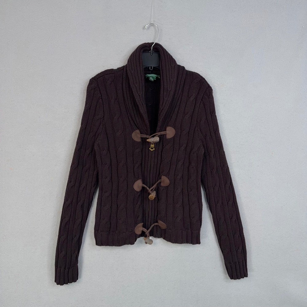 Lauren Ralph Lauren Cardigan Womens Large Brown Cable Knit Toggle Zip Shawl